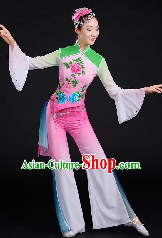 Traditional Chinese Yangge Fan Dancing Costume, Folk Dance Yangko Mandarin Sleeve Uniforms, Classic Umbrella Dance Elegant Dress Drum Dance Embroidered Peony Clothing for Women
