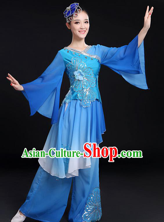 Traditional Chinese Yangge Fan Dancing Costume, Folk Dance Yangko Mandarin Sleeve Uniforms, Classic Umbrella Dance Elegant Dress Drum Dance Paillette Blue Clothing for Women