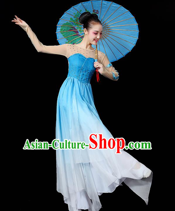 Traditional Chinese Yangge Fan Dancing Costume, Folk Dance Yangko Uniforms, Classic Umbrella Dance Elegant Dress Drum Dance Paillette Blue Clothing for Women
