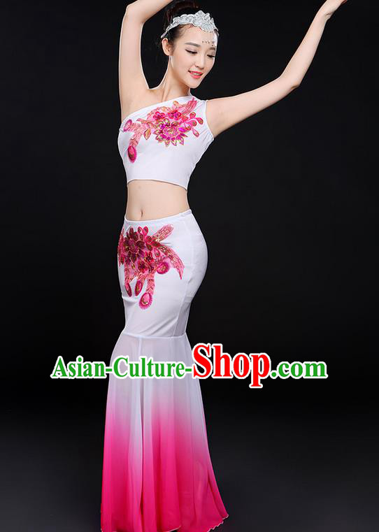 Traditional Chinese Dai Nationality Peacock Dancing Costume, Folk Dance Ethnic Paillette Flowers Fishtail Dress Uniform, Chinese Minority Nationality Dancing Pink Clothing for Women