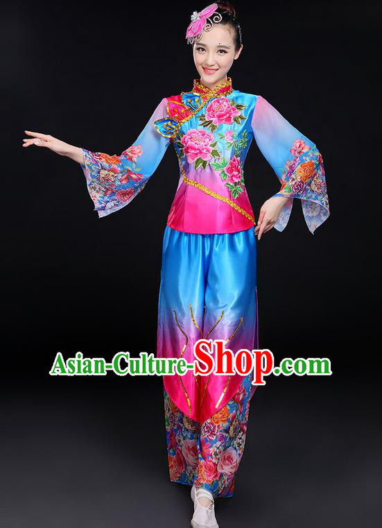 Traditional Chinese Yangge Fan Dancing Costume, Folk Dance Yangko Mandarin Sleeve Peony Flowers Uniforms, Classic Dance Elegant Dress Drum Dance Flowers Clothing for Women