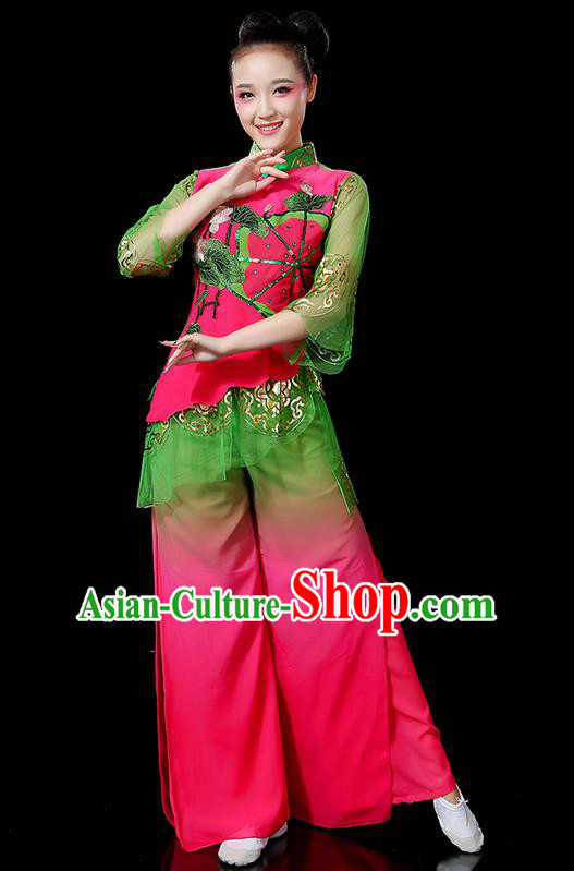 Traditional Chinese Yangge Fan Dancing Costume, Folk Dance Yangko Mandarin Sleeve Uniforms, Classic Lotus Dance Elegant Dress Drum Dance Flowers Clothing for Women