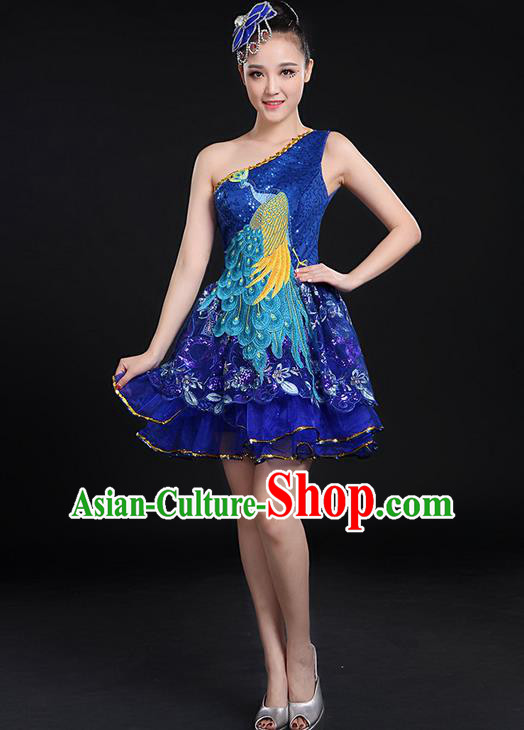 Traditional Chinese Modern Dancing Compere Costume, Women Opening Classic Chorus Singing Group Dance Paillette Peacock Uniforms, Modern Dance Bubble Short Dress for Women