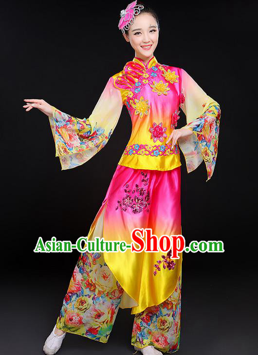Traditional Chinese Yangge Fan Dancing Costume, Folk Dance Yangko Mandarin Sleeve Paillette Uniforms, Classic Jasmine Flower Dance Elegant Dress Drum Dance Clothing for Women