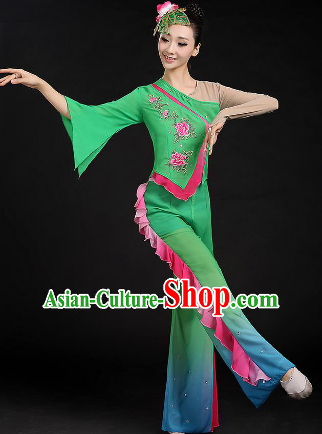 Traditional Chinese Yangge Fan Dancing Costume, Folk Dance Yangko Mandarin Sleeve Uniforms, Classic Umbrella Dance Elegant Dress Drum Dance Green Clothing for Women