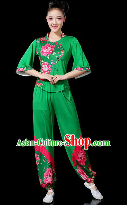 Traditional Chinese Yangge Fan Dancing Costume, Folk Dance Yangko Peony Uniforms, Classic Umbrella Dance Elegant Dress Drum Dance Green Clothing for Women