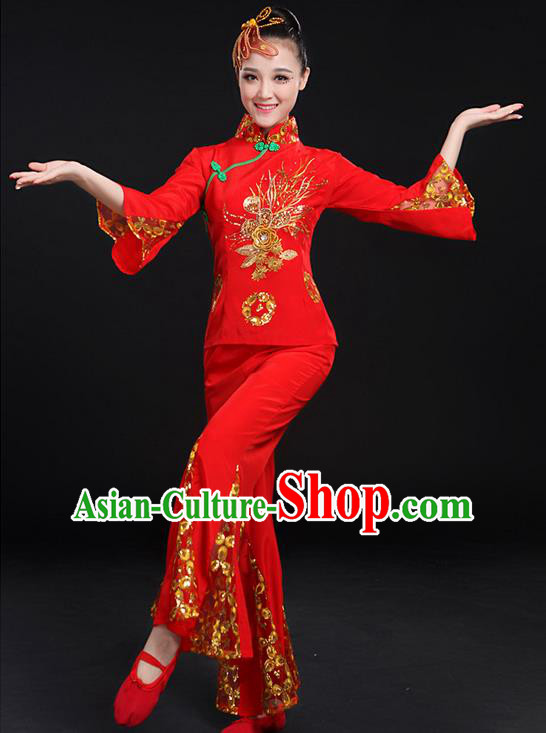 Traditional Chinese Yangge Fan Dancing Costume, Folk Dance Yangko Paillette Uniforms, Classic Umbrella Dance Elegant Red Dress Drum Dance Clothing for Women