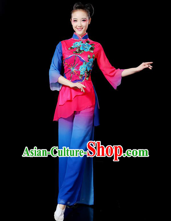 Traditional Chinese Yangge Fan Dancing Costume, Folk Dance Yangko Flowers Uniforms, Classic Umbrella Dance Elegant Dress Drum Dance Clothing for Women
