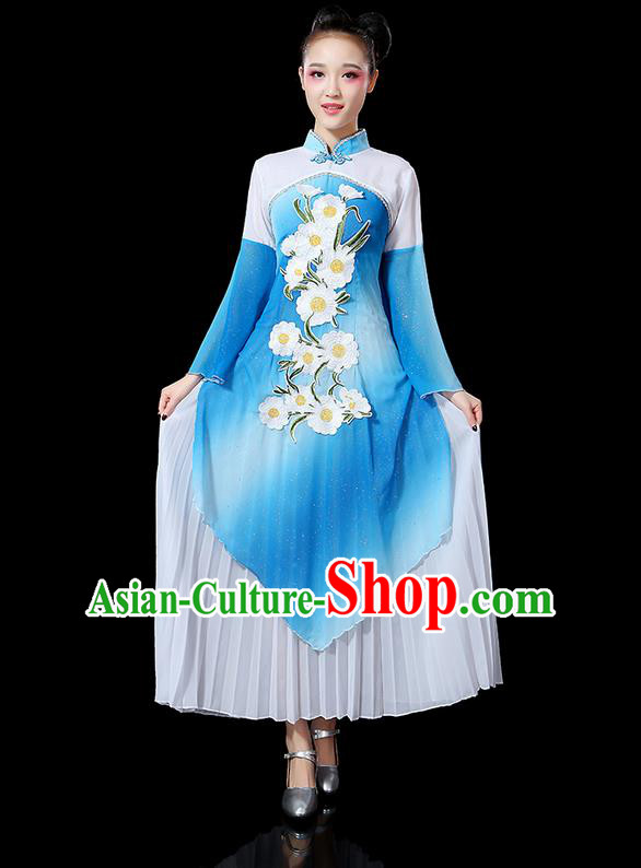 Traditional Chinese Yangge Fan Dancing Costume, Folk Dance Yangko Mandarin Sleeve Uniforms, Classic Umbrella Dance Elegant Dress Drum Dance Blue Clothing for Women