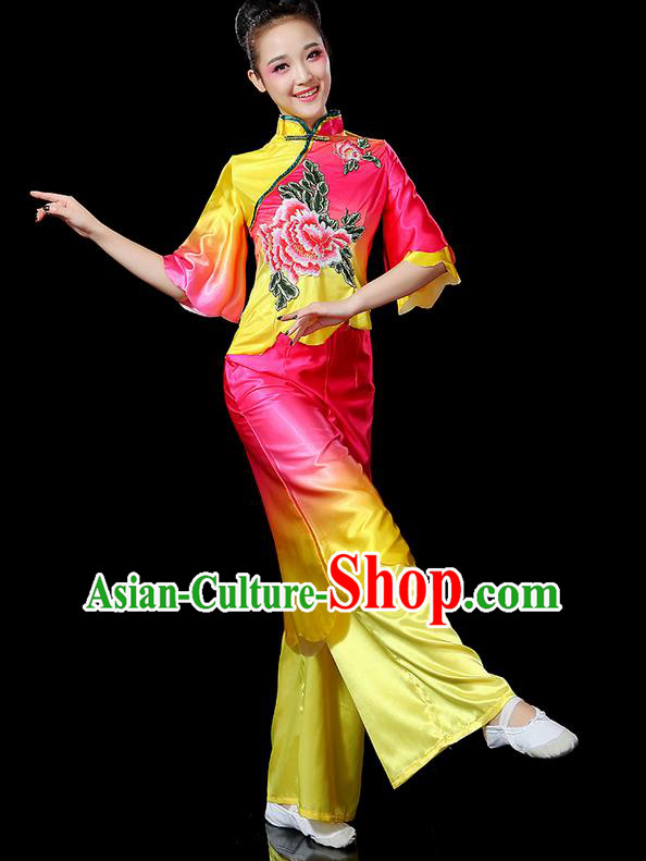 Traditional Chinese Yangge Fan Dancing Costume, Folk Dance Yangko Flowers Peony Uniforms, Classic Umbrella Dance Elegant Dress Drum Dance Pink Clothing for Women