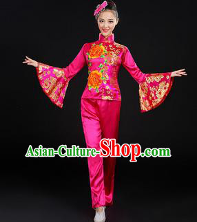 Traditional Chinese Yangge Fan Dancing Costume, Folk Dance Yangko Mandarin Sleeve Satin Peony Uniforms, Classic Umbrella Dance Elegant Dress Drum Dance Rose Clothing for Women