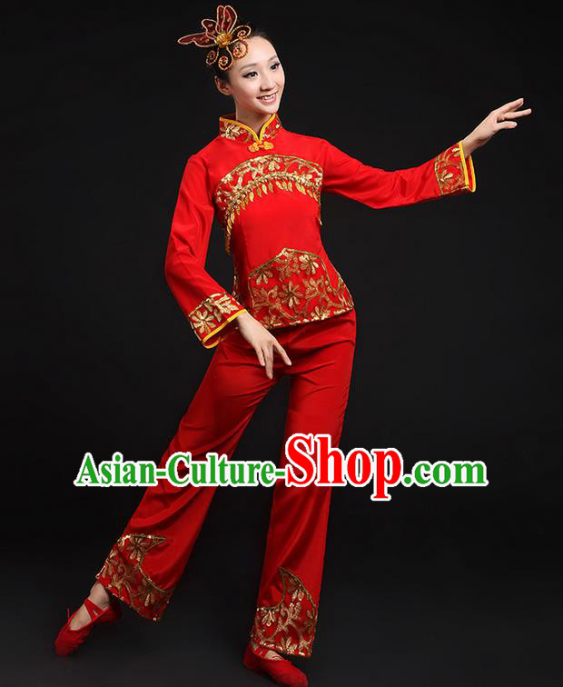 Traditional Chinese Yangge Fan Dancing Costume, Folk Dance Yangko Gilding Paillette Uniforms, Classic Umbrella Dance Elegant Dress Drum Dance Red Clothing for Women