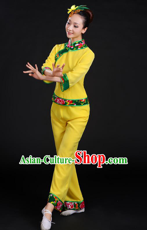 Traditional Chinese Yangge Fan Dancing Costume, Folk Dance Yangko Yellow Uniforms, Classic Umbrella Dance Elegant Dress Drum Dance Clothing for Women