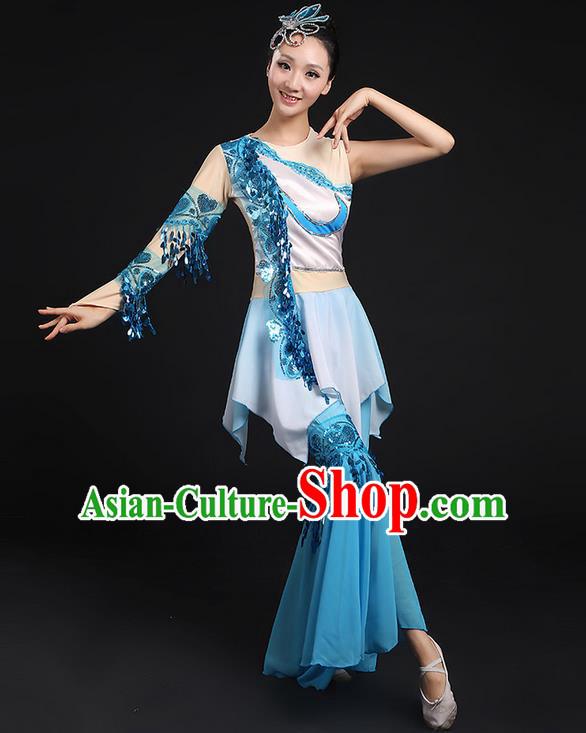 Traditional Chinese Yangge Fan Dancing Costume, Folk Dance Yangko Flowers Paillette Blue Uniforms, Classic Umbrella Dance Elegant Dress Drum Dance Clothing for Women