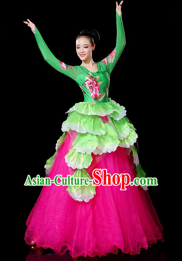 Traditional Chinese Modern Dancing Compere Costume, Women Opening Classic Chorus Singing Group Dance Bubble Peony Uniforms, Modern Dance Classic Dance Big Swing Dress for Women