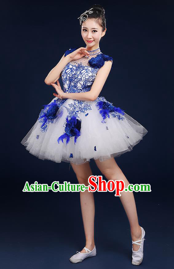 Traditional Chinese Style Modern Dancing Compere Costume, Women Opening Classic Chorus Singing Group Dance Big Swing Uniforms, Modern Dance Classic Dance Blue Bubble Dress for Women