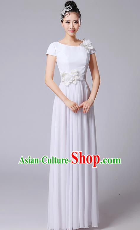 Traditional Chinese Modern Dancing Compere Costume, Women Opening Classic Chorus Singing Group Dance Uniforms, Modern Dance Classic Dance Big Swing Long White Full Dress for Women