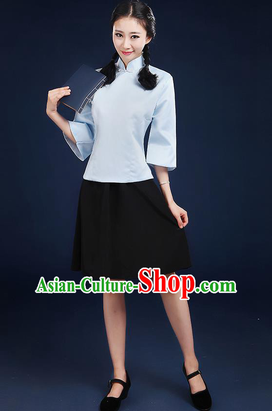 Traditional Chinese Style Modern Dancing Compere Costume, Women Chorus Singing Group Opening Classic Dance Republic of China Students Light Blue Uniforms, Modern Dance Cheongsam Blouse Dress for Women