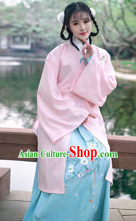 Traditional Ancient Chinese Young Lady Costume Embroidered Pink BeiZi, Elegant Hanfu Cardigan Unlined Garment Dress Chinese Ming Dynasty Imperial Princess Dress Cloak Clothing for Women