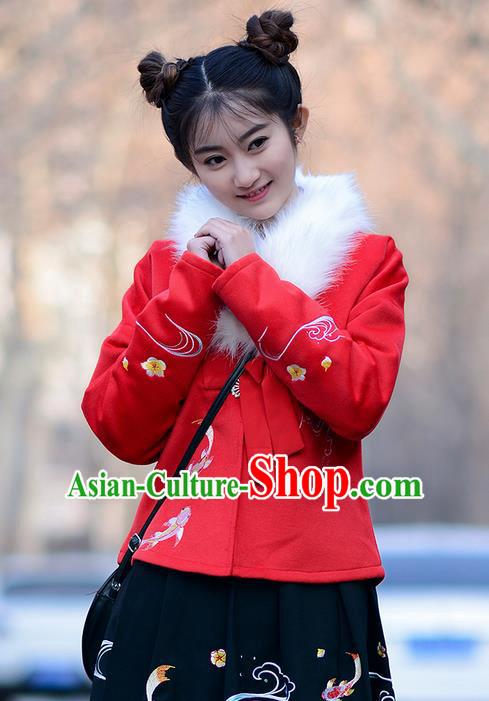 Traditional Ancient Chinese Young Lady Elegant Costume Embroidered Red Front Opening Blouse, Elegant Hanfu Clothing Chinese Ming Dynasty Imperial Princess Clothing for Women