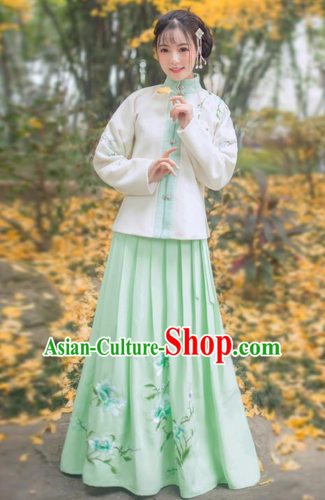 Traditional Ancient Chinese Young Lady Elegant Costume Embroidered Front Opening Blouse and Green Slip Skirt Complete Set, Elegant Hanfu Clothing Chinese Ming Dynasty Imperial Princess Clothing for Women