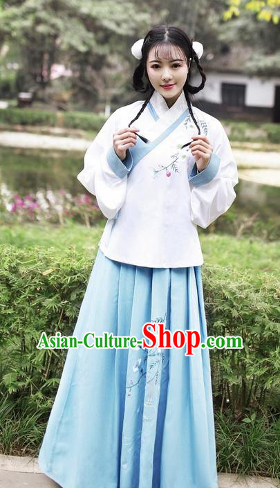 Traditional Ancient Chinese Young Lady Elegant Costume Embroidered Slant Opening Blouse and Slip Skirt Complete Set, Elegant Hanfu Clothing Chinese Ming Dynasty Imperial Princess Clothing for Women