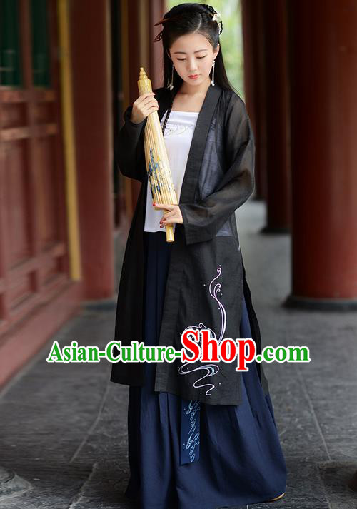 Traditional Ancient Chinese Young Lady Elegant Costume Embroidered Wide Sleeve Black Cardigan, Elegant Hanfu Clothing Chinese Jin Dynasty Imperial Princess Clothing for Women