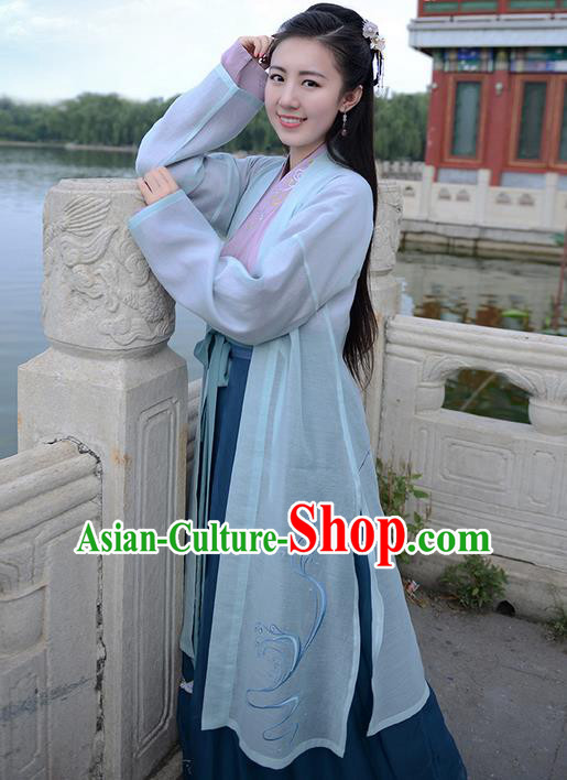Traditional Ancient Chinese Young Lady Elegant Costume Embroidered Cardigan Slant Opening Blouse and Slip Skirt Complete Set, Elegant Hanfu Clothing Chinese Jin Dynasty Imperial Princess Clothing for Women