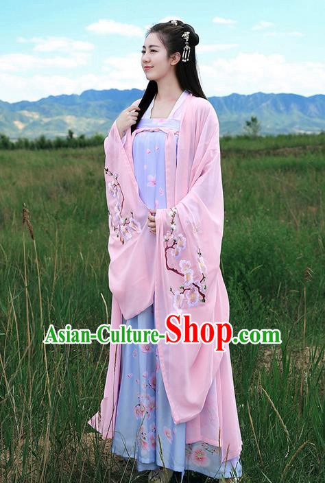Traditional Ancient Chinese Young Lady Elegant Costume Embroidered Peach Blossom Wide Sleeve Cardigan Slant Opening Blouse and Slip Skirt Complete Set, Elegant Hanfu Clothing Chinese Song Dynasty Imperial Princess Clothing for Women