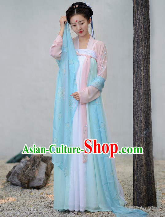 Traditional Ancient Chinese Young Lady Costume Embroidered Blouse and Slip Skirt Complete Set, Elegant Hanfu Suits Clothing Chinese Tang Dynasty Imperial Princess Dress Clothing for Women