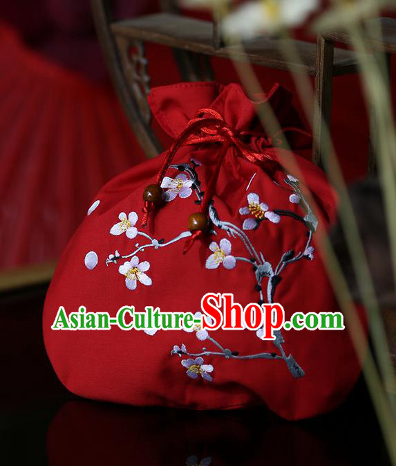 Traditional Ancient Chinese Young Lady Elegant Embroidered Wintersweet Red Handbags Cloth Bags for Women