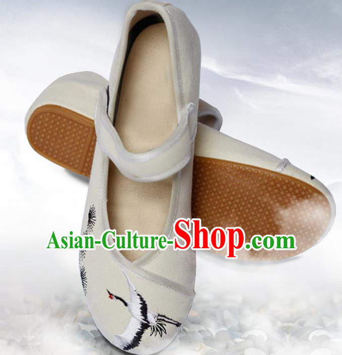 Traditional Chinese Ancient Shoes, China Handmade Embroidered Crane Beige Shoes, Ancient Princess Shoes for Women