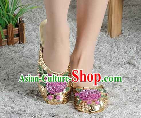 Traditional Chinese Shoes, China Handmade Linen Embroidered Beads Sequins Flowers Golden Slippers, Ancient Princess Satin Cloth Shoes for Women