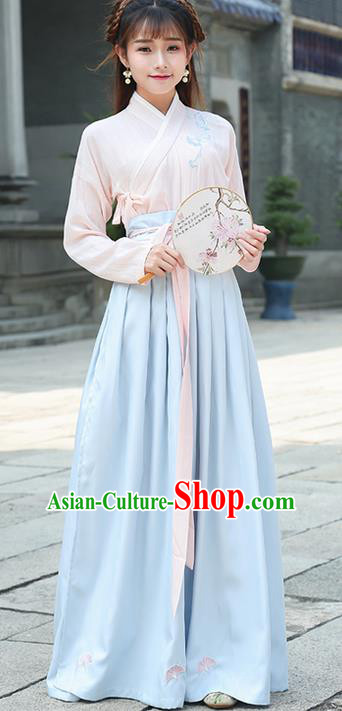 Traditional Ancient Chinese Costume, Elegant Hanfu Clothing Embroidered Slant Opening Pink Blouse and Slip Dress Complete Set, China Han Dynasty Princess Elegant Clothing for Women