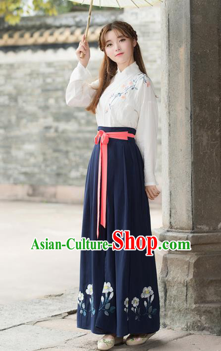 Traditional Ancient Chinese Costume, Elegant Hanfu Clothing Embroidered Slant Opening Blue Blouse and Slip Skirt Complete Set, China Han Dynasty Princess Elegant Clothing for Women