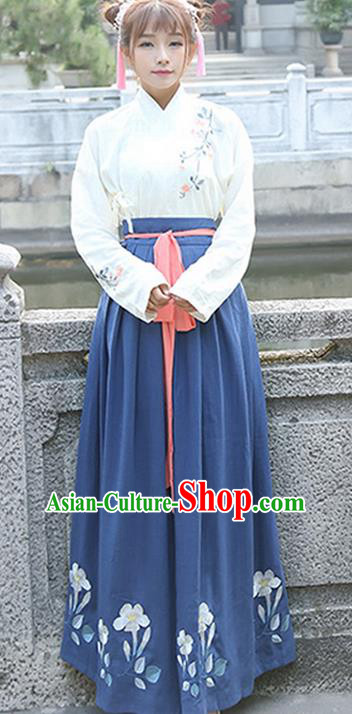 Traditional Ancient Chinese Young Lady Costume Embroidered Blouse and Blue Slip Skirt Complete Set, Elegant Hanfu Suits Clothing Chinese Ming Dynasty Imperial Princess Dress Clothing for Women