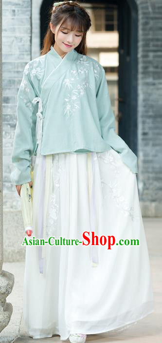 Traditional Ancient Chinese Young Lady Costume Embroidered Slant Opening Blouse and Slip Skirt Complete Set, Elegant Hanfu Suits Clothing Chinese Ming Dynasty Imperial Princess Dress Clothing for Women