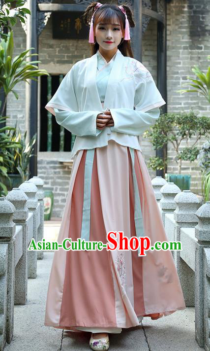 Traditional Ancient Chinese Young Lady Costume Embroidered Half-Sleeves Cardigan Blouse and Slip Skirt, Elegant Hanfu Suits Clothing Chinese Ming Dynasty Imperial Princess Dress Clothing for Women