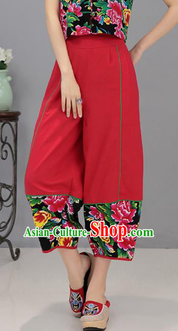 Traditional Chinese National Costume Northeast Cloth Plus Fours, Elegant Hanfu Printing Peony Red Bloomers, China Ethnic Minorities Tang Suit Pantalettes for Women