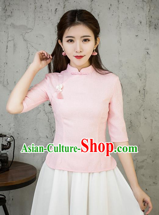 Traditional Chinese National Costume, Elegant Hanfu Embroidery Slant Opening Pink Blouses, China Tang Suit Republic of China Plated Buttons Chirpaur Blouse Cheong-sam Upper Outer Garment Qipao Shirts Clothing for Women