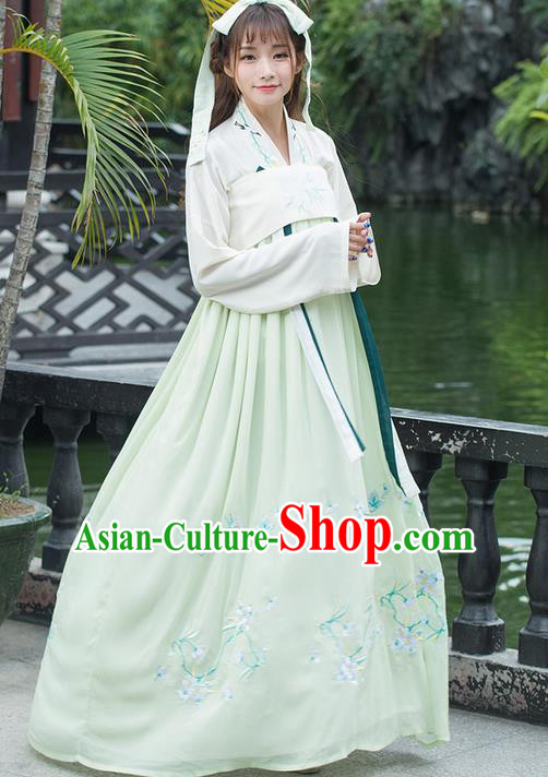 Traditional Ancient Chinese Young Lady Costume Embroidered Blouse and Green Slip Skirt Complete Set, Elegant Hanfu Suits Clothing Chinese Tang Dynasty Imperial Princess Dress Clothing for Women