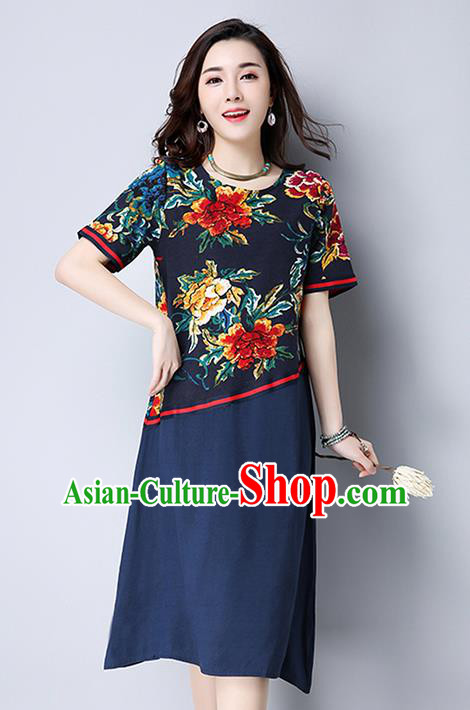Traditional Ancient Chinese National Costume, Elegant Hanfu Printing Navy Dress, China Tang Suit Chirpaur Garment Elegant Dress Clothing for Women