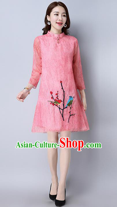 Traditional Ancient Chinese National Costume, Elegant Hanfu Mandarin Qipao Printing Pink Dress, China Tang Suit Cheongsam Upper Outer Garment Elegant Dress Clothing for Women