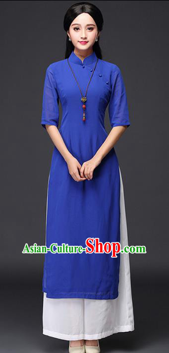 Traditional Chinese National Costume, Elegant Hanfu Embroidery EheonBsam Stand Collar Blue Ao Dai Dress, China Tang Suit Cheongsam Upper Outer Garment Elegant Dress Clothing for Women