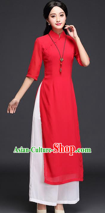Traditional Chinese National Costume, Elegant Hanfu Embroidery EheonBsam Stand Collar Red Ao Dai Dress, China Tang Suit Cheongsam Upper Outer Garment Elegant Dress Clothing for Women