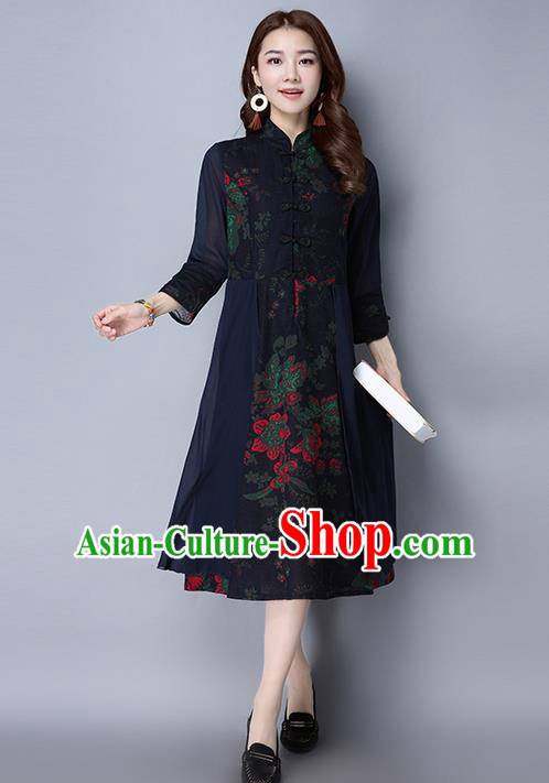Traditional Chinese National Costume, Elegant Hanfu Linen Plated Buttons Navy Cheongsam Dress, China Tang Suit Cheongsam Upper Outer Garment Elegant Dress Clothing for Women