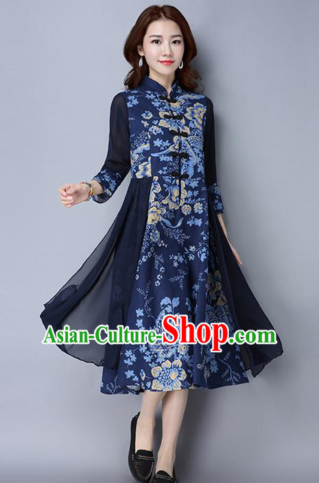 Traditional Chinese National Costume, Elegant Hanfu Linen Plated Buttons Royalblue Cheongsam Dress, China Tang Suit Cheongsam Upper Outer Garment Elegant Dress Clothing for Women