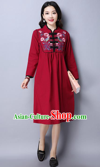 Traditional Ancient Chinese National Costume, Elegant Hanfu Mandarin Qipao Linen Embroidery Red Dress, China Tang Suit Upper Outer Garment Elegant Dress Clothing for Women