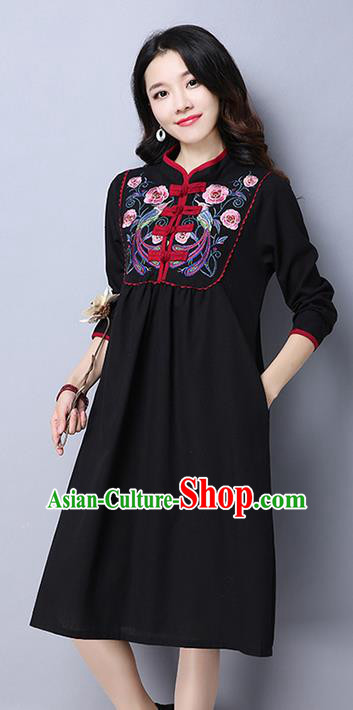 Traditional Ancient Chinese National Costume, Elegant Hanfu Mandarin Qipao Linen Embroidery Black Dress, China Tang Suit Upper Outer Garment Elegant Dress Clothing for Women