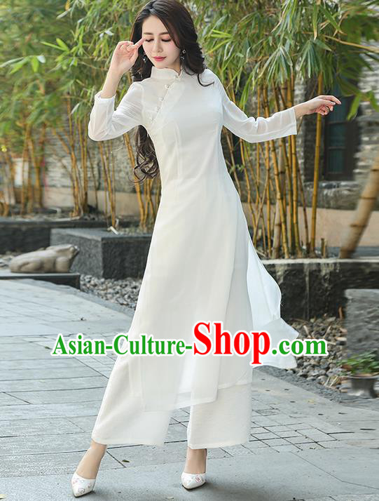 Traditional Ancient Chinese National Costume, Elegant Hanfu Mandarin Qipao White Ao Dai High Split Cheongsam Dress, China Tang Suit Upper Outer Garment Elegant Dress Clothing for Women